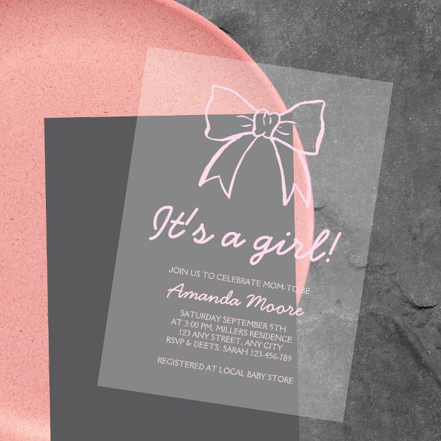 Invitaciones Acrílicas Baby Shower Chica de guiones elegantes de mano dib (Hand Drawn Bow Elegant Script Girl Baby Shower Acrylic Invitations)