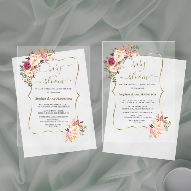 Invitaciones Acrílicas Baby Shower Chica de oro de flores rosadas de Rubo (Subido por el creador)