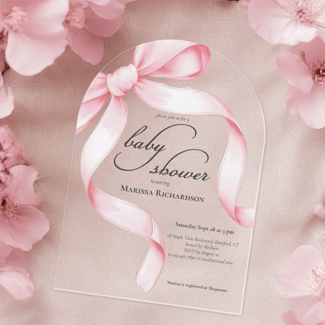 Invitaciones Acrílicas Baby Shower Chica de plegado rosado (girly pink coquette bow baby shower acrylic invitation with elegant script calligraphy)