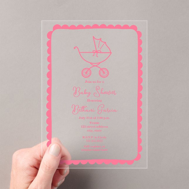 Invitaciones Acrílicas Baby Shower Chica rosado de borde dibujado con man (Insitu (portátil))