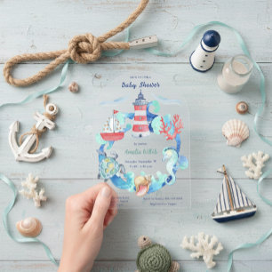 Invitaciones Acrílicas Baby Shower de color de agua neutra de género náut