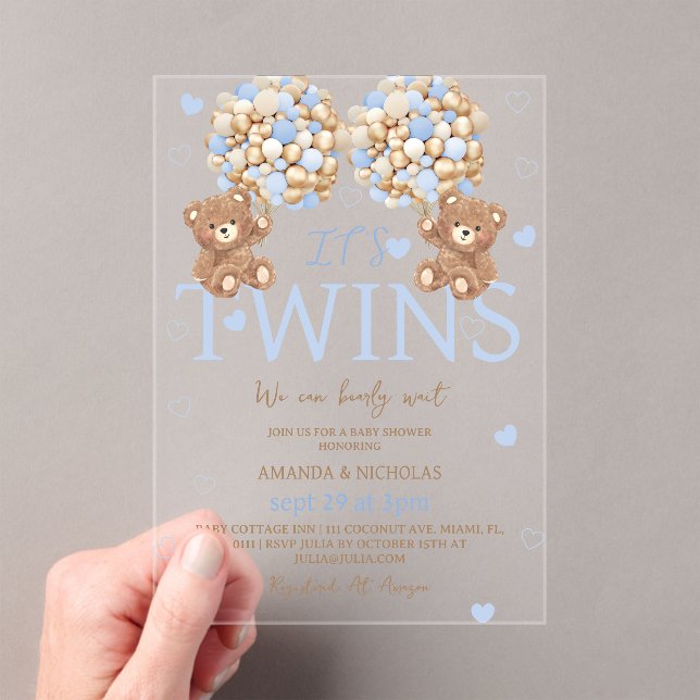 Invitaciones Acrílicas Baby Shower de doble oso azul para niños (Insitu (portátil))