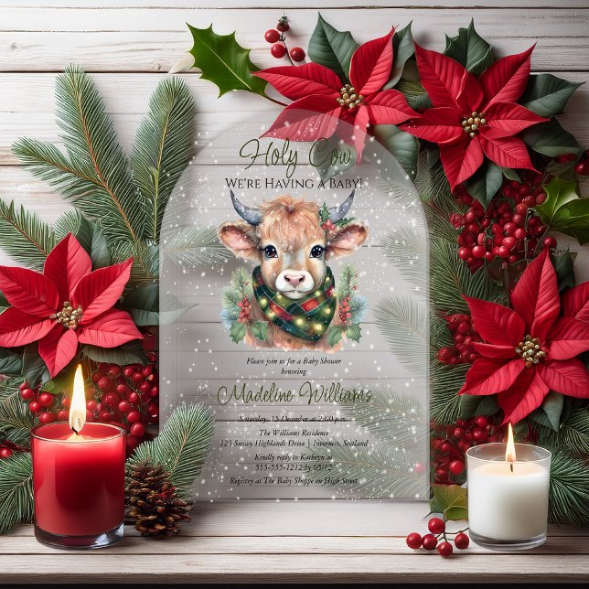 Invitaciones Acrílicas Baby Shower de la vaca sagrada en Highland Holiday (Winter Holiday Highland "Holy Cow" Baby Shower Arched Acrylic Invitation)
