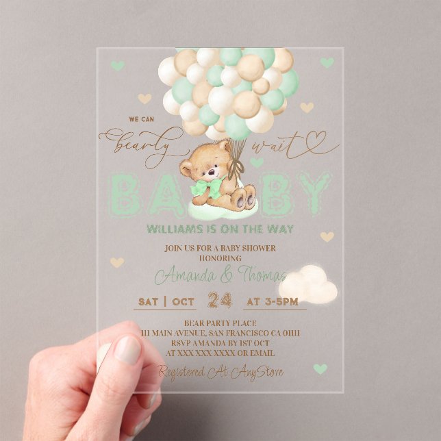 Invitaciones Acrílicas Baby Shower de los globos verdes del oso (Insitu (portátil))