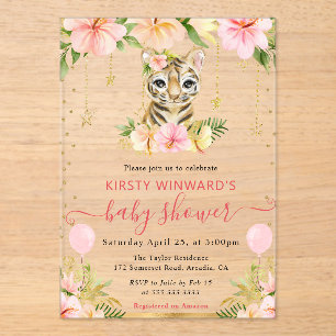 Invitaciones Acrílicas Baby Shower de tigre de jungla floral de color de 