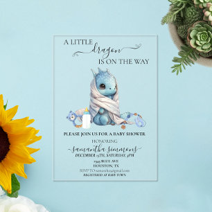 Invitaciones Acrílicas Baby Shower Dragón Azul Acuarela