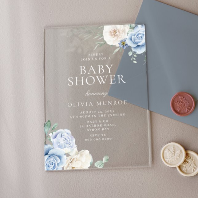 Invitaciones Acrílicas Baby Shower floral azul y blanco para bebés (Subido por el creador)