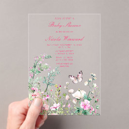 Invitaciones Acrílicas Baby Shower floral de mariposa verde primavera