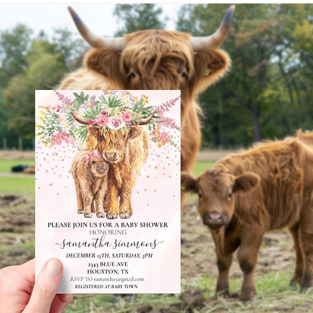 Invitaciones Acrílicas Baby Shower floral de vaca rosa Highland (Subido por el creador)