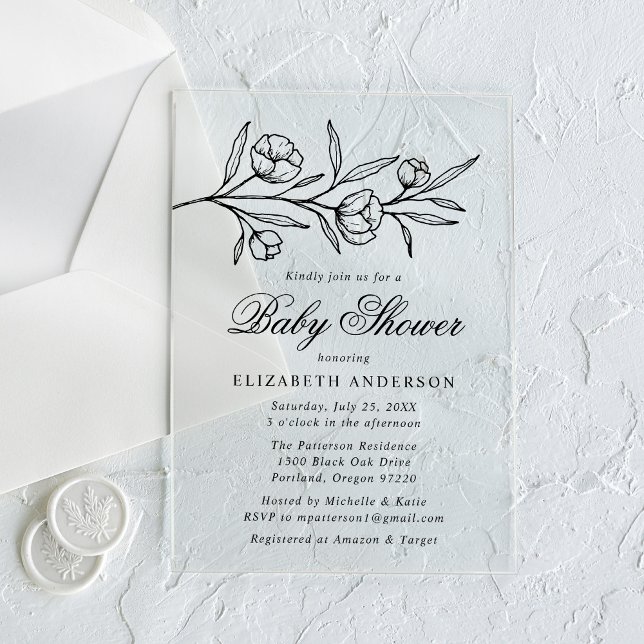 Invitaciones Acrílicas Baby Shower floral negro esbozado (Subido por el creador)