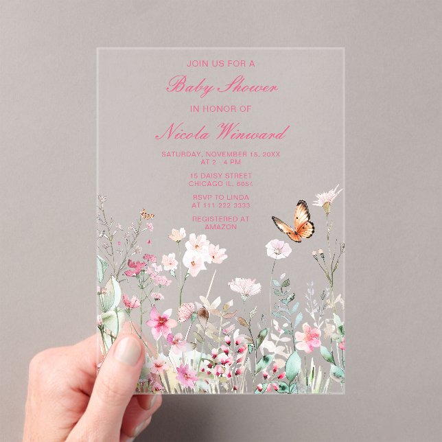 Invitaciones Acrílicas Baby Shower floral rosa profundo de primavera (Insitu (portátil))