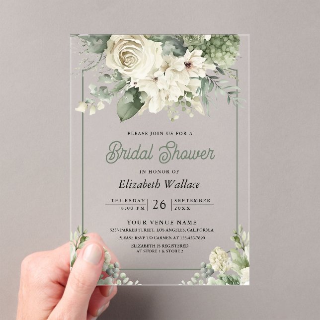 Invitaciones Acrílicas Baby Shower Floral Verde Marfil Bridal (Insitu (portátil))