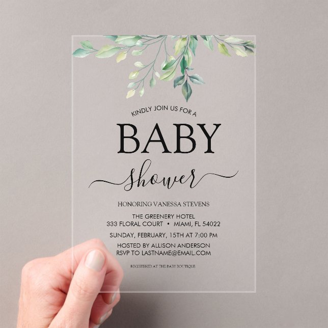 Invitaciones Acrílicas Baby Shower Greenery Eucalyptus (Insitu (portátil))