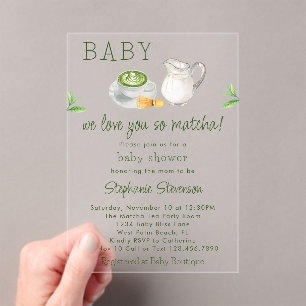 Invitaciones Acrílicas Baby Shower Moderno de Té Verde Matcha "Te Amamos