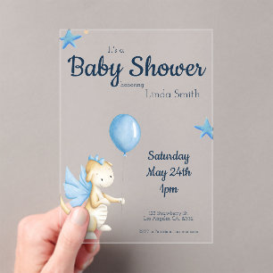 Invitaciones Acrílicas Baby Shower neutral de género azul crema