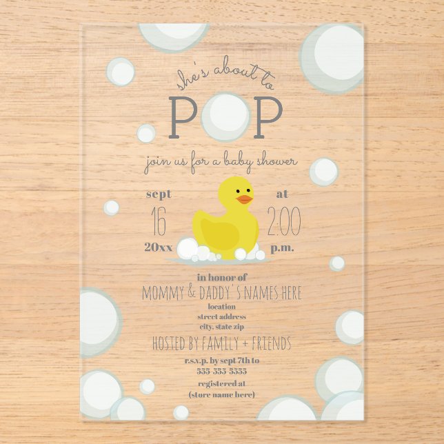 Invitaciones Acrílicas Baby Shower Neutral De La Burbuja Del Pato (Anverso)