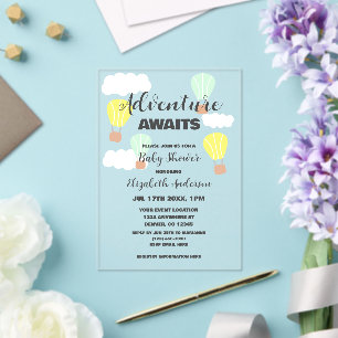Invitaciones Acrílicas Baby Shower neutro en globo de aire caliente