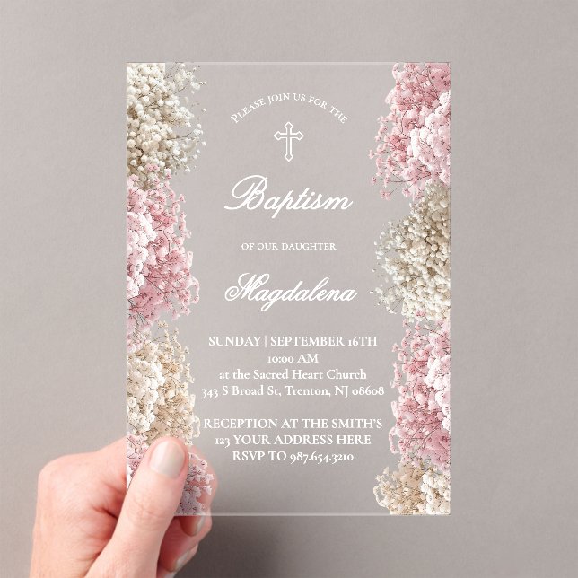 Invitaciones Acrílicas Baby's Breath flowers | baby girl Baptism (Insitu (portátil))