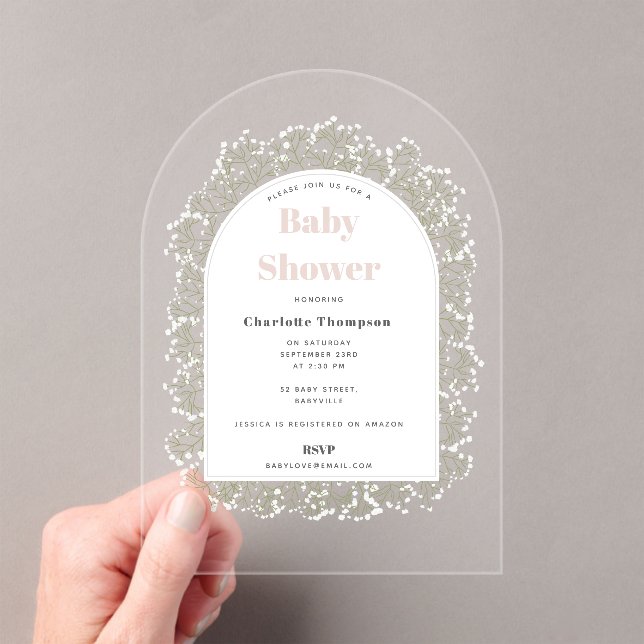 Invitaciones Acrílicas Baby's Breath Girl Pink Gypsophila Baby Shower (Insitu (portátil))