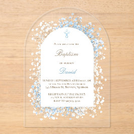 Invitaciones Acrílicas Baby's Breath white blue flowers Baptism