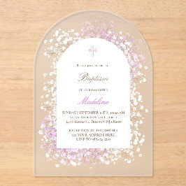 Invitaciones Acrílicas Baby's Breath white lilac baby girl Baptism