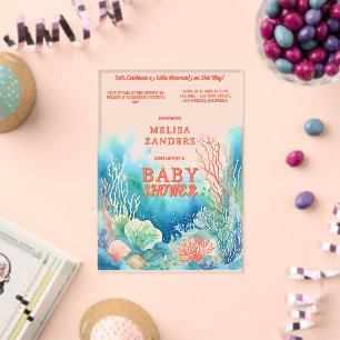 Invitaciones Acrílicas Bajo el Mar Bebé Niña Dulce Acuarela Coral
