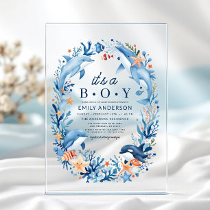 Invitaciones Acrílicas Bajo el Mar Es un Niño Azul Baby Shower