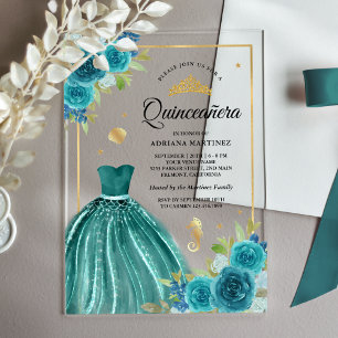 Invitaciones Acrílicas Bajo el mar Verde azulado Vestido Sirena Oro Quinc