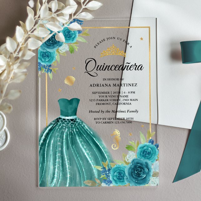 Invitaciones Acrílicas Bajo el mar Verde azulado Vestido Sirena Oro Quinc (Subido por el creador)