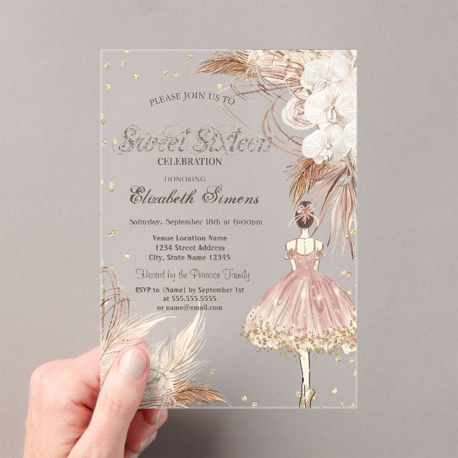 Invitaciones Acrílicas Ballerina Boho Flowers Rose Gold Sweet 16  (Insitu (portátil))