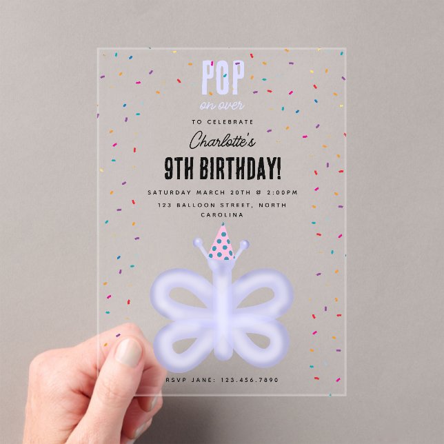 Invitaciones Acrílicas Balloon Animals Butterfly Kids Birthday Party (Insitu (portátil))