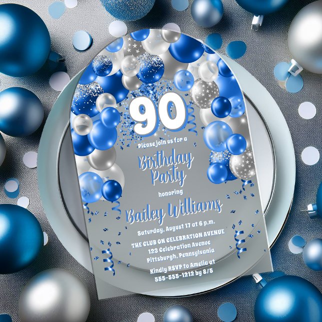 Invitaciones Acrílicas Balones de celebración azul fiesta de cumpleaños 9 (Blue and Silver Tone Celebration Balloons "90" 90th Birthday Party Acrylic Invitation)