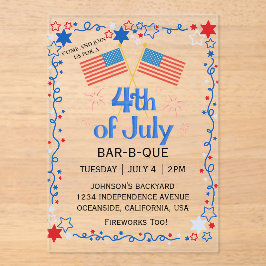 Invitaciones Acrílicas Bandera Americana de BBQ de Fuegos Artificiales de