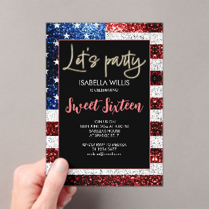Invitaciones Acrílicas Bandera de Estados Unidos enciende Sweet 16 Birthd