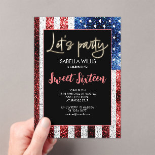 Invitaciones Acrílicas Bandera de Estados Unidos enciende Sweet 16 Birthd