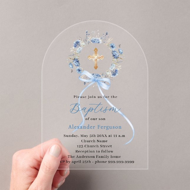 Invitaciones Acrílicas Baptism blue floral wreath boy bow arch (Insitu (portátil))