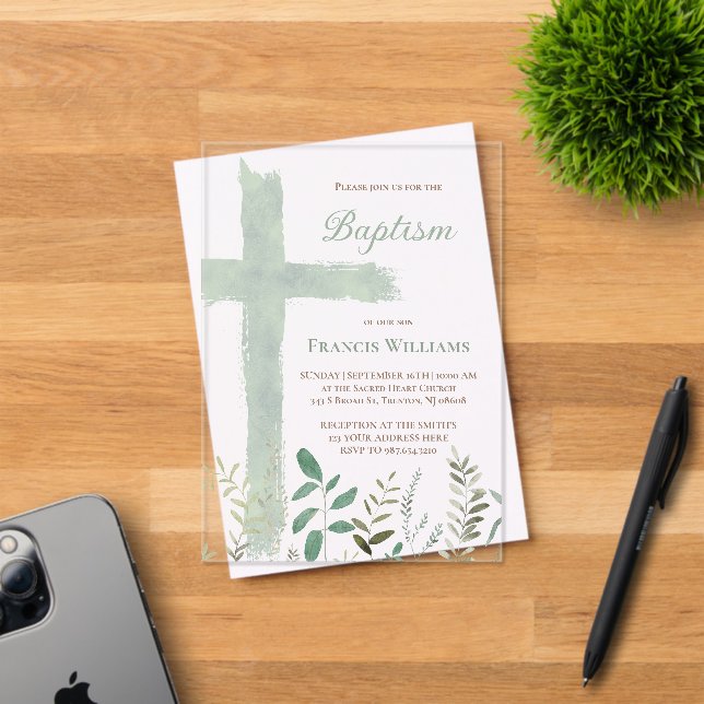 Invitaciones Acrílicas Baptism green watercolor cross (Insitu (Tarjeta de Invitación))