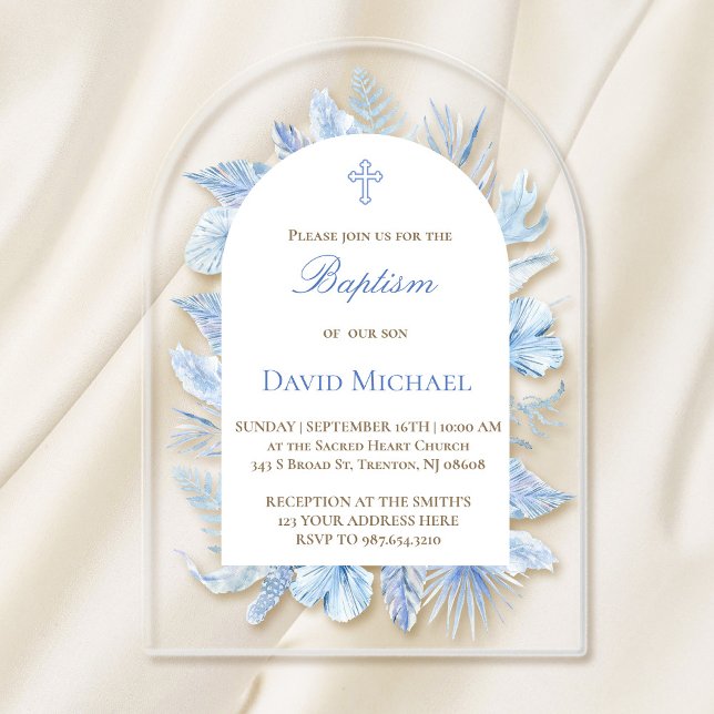 Invitaciones Acrílicas Baptism pastel blue foliage acrylic invitation (Subido por el creador)