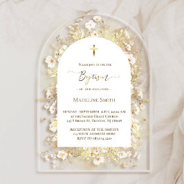 Invitaciones Acrílicas Baptismo acuarela flores amarillas blancas