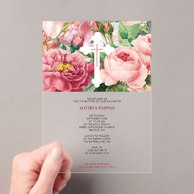 Invitaciones Acrílicas Baptismo Christening Baptism Chica Roses rosas (Insitu (portátil))