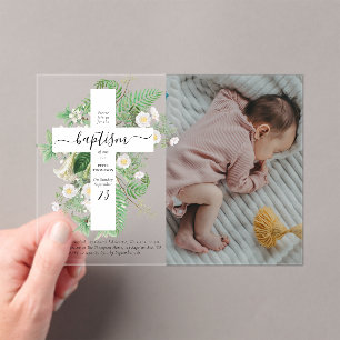 Invitaciones Acrílicas Baptismo Christening Cross Greenery Personalizado