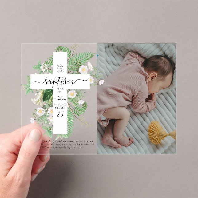 Invitaciones Acrílicas Baptismo Christening Cross Greenery Personalizado  (Insitu (portátil))