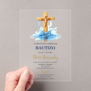 Invitaciones Acrílicas Baptismo crucifijo azul acrílico