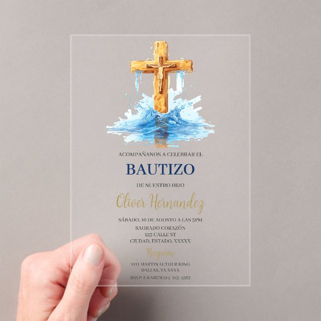 Invitaciones Acrílicas Baptismo crucifijo azul acrílico (Insitu (portátil))