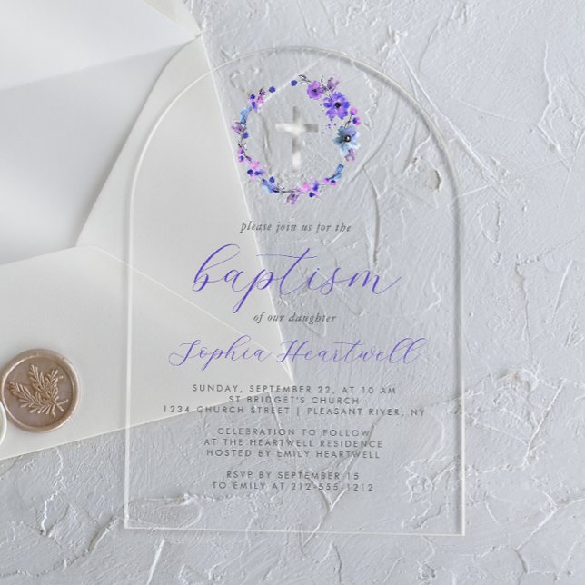 Invitaciones Acrílicas Baptismo cruzado de plata morada floral (Subido por el creador)