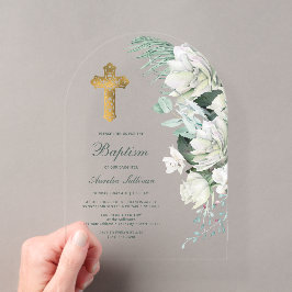 Invitaciones Acrílicas Baptismo de arco de flores blancas