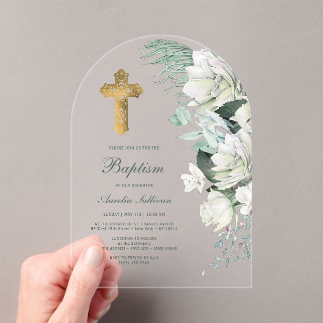 Invitaciones Acrílicas Baptismo de arco de flores blancas (Insitu (portátil))