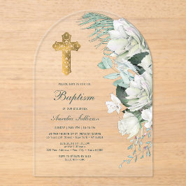 Invitaciones Acrílicas Baptismo de arco de flores blancas