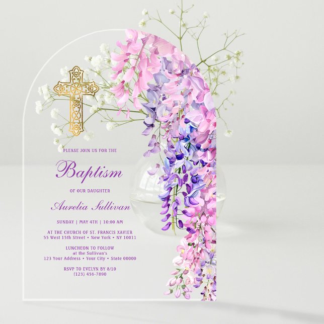 Invitaciones Acrílicas Baptismo de Arco de Wisteria de Acuarela (Subido por el creador)