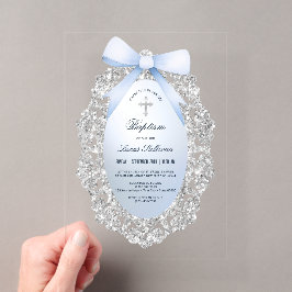 Invitaciones Acrílicas Baptismo de armazón azul de Purpurina plateado